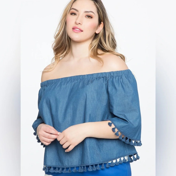 NEW ELOQUII Tassel Trimmed Off Shoulder Blue Chambray Top 28 Plus Size‎ Curvy 3X - Picture 1 of 7